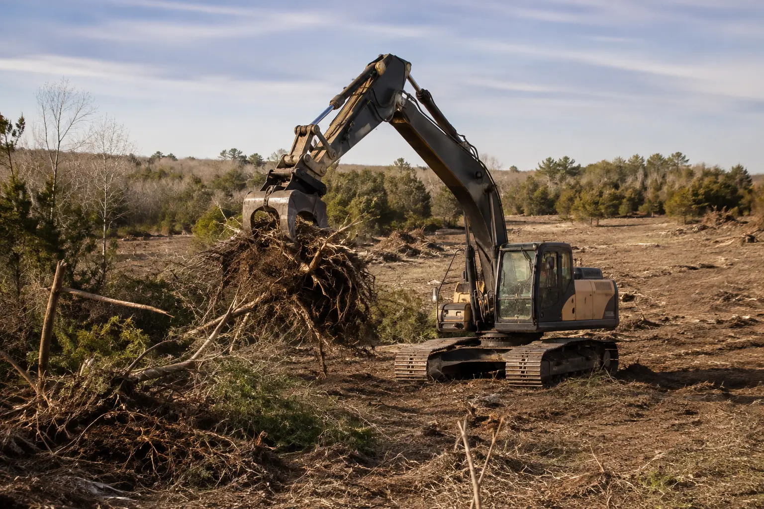 Excavator clearing brush and trees from North Texas acreage